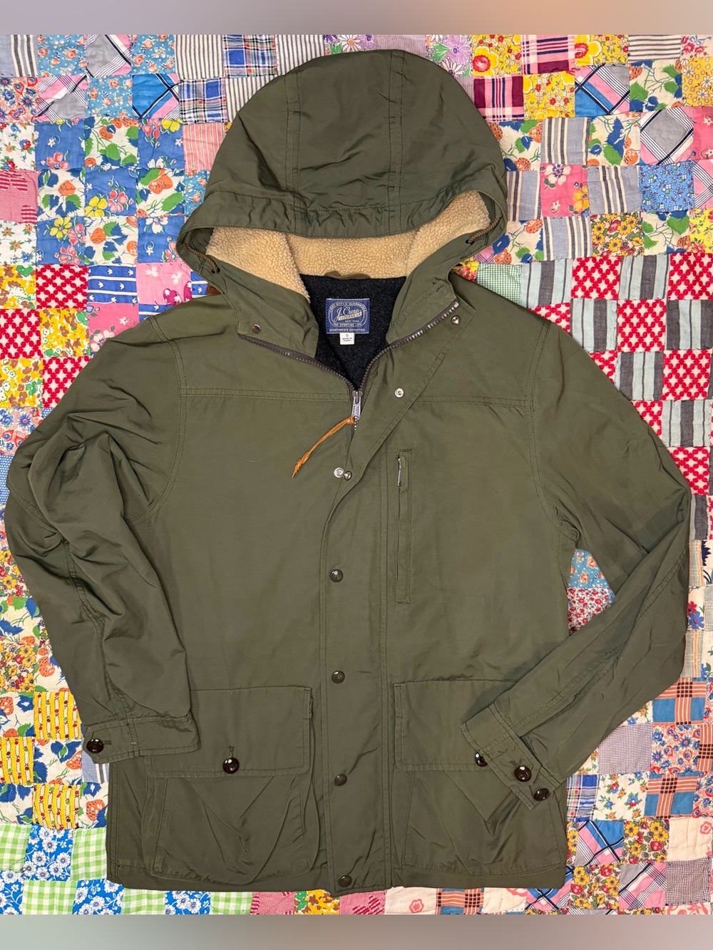 VTG J.Crew All Weather Wool Lined Olive Green Utility Jacket Coat Hooded SMALL